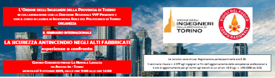 locandina Convegno Torino "La sicurezza antincendio negli alti fabbricati. Esperienze a confronto" organizzato dall'Ordine degli Ingegneri della provincia torinese