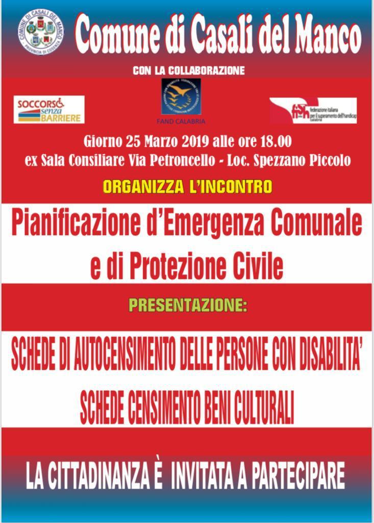 l Piano di Protezione Civile del Comune di Casali del Manco (CS) a tutela delle persone disabili: oggi l'incontro per la presentazione delle schede per l'auto-censimento delle persone con disabilità