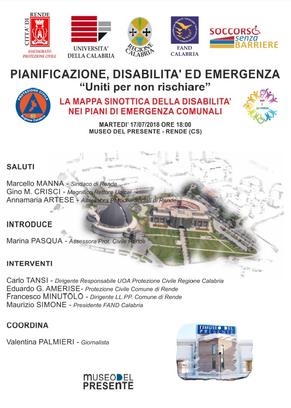 locandina convegno a rende pianificazione, disabilità emergenza e mappa sinottica delle disabilità