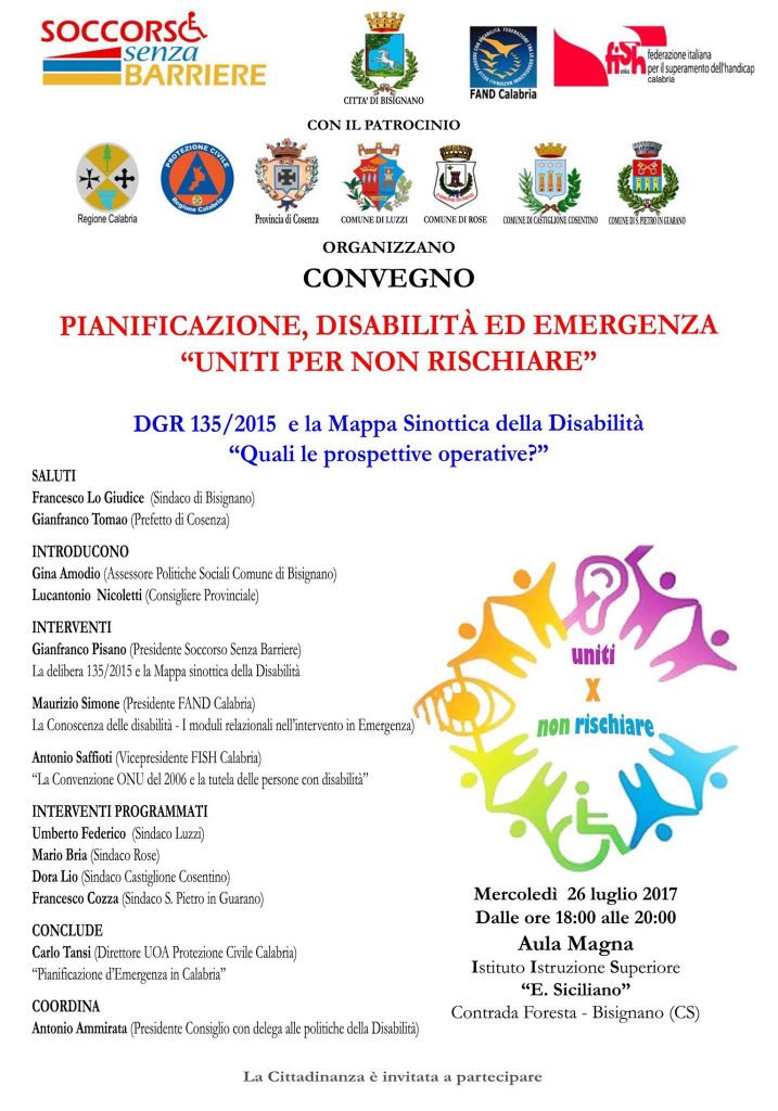 locandina seminario Pianificazione, disabilità ed emergenza a Bisignano