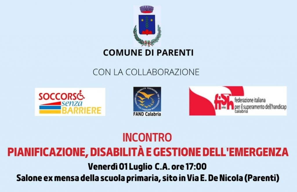 Nel Comune di Parenti il 1 luglio incontro su pianificazione disabilità ed emergenza 