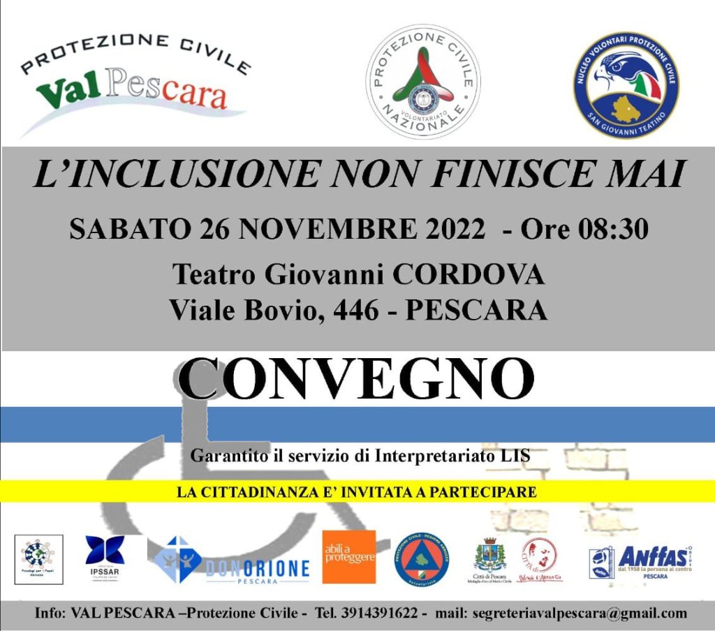 A Pescara il 26 novembre il Convegno Associazione Val Pescara "l'inclusione non finisce mai"